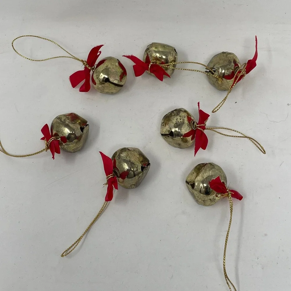 Vintage Gold Jingle Bell Christmas Ornaments Red Bow Set 7 Rustic Holiday Decor